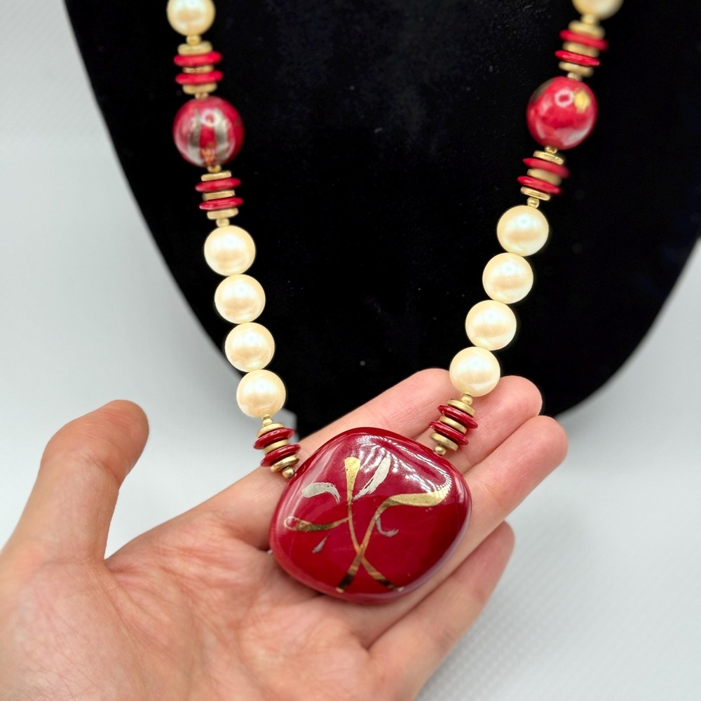 Vintage Chunky Abstract Glazed‎ Red Ceramic and Faux Pearl Long 80s 26" Necklace